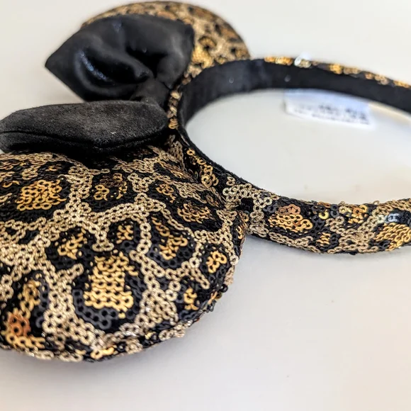 Disney Leopard Print Minnie Mouse Ears Headband With Black Lame Bow - Picture 5 of 7
